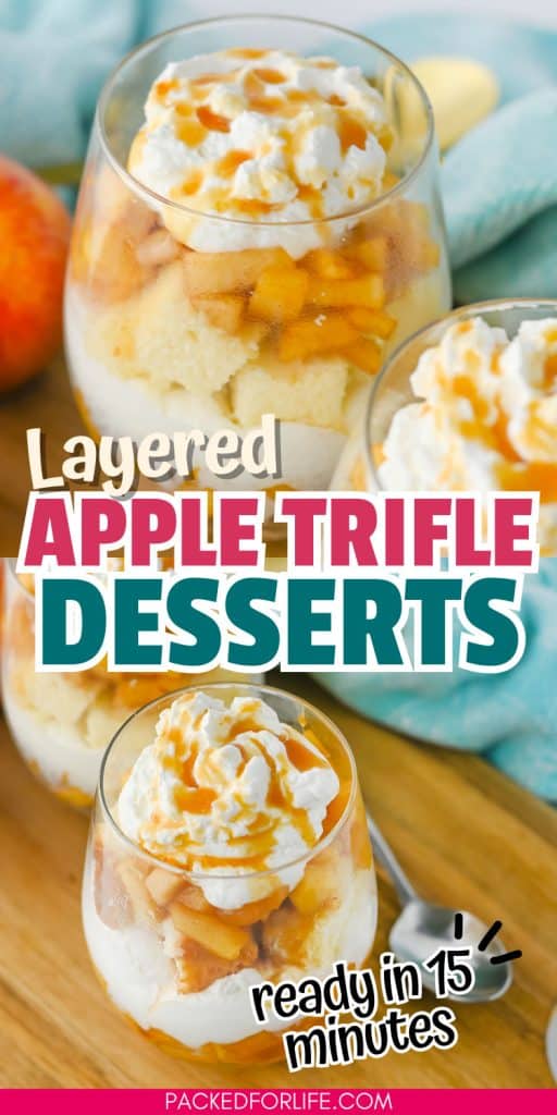 Three glasses layered with whipped cream, spiced apples, caramel drizzle, and cake cubes make festive Friendsgiving, Thanksgiving  or fall desserts ready in minutes.