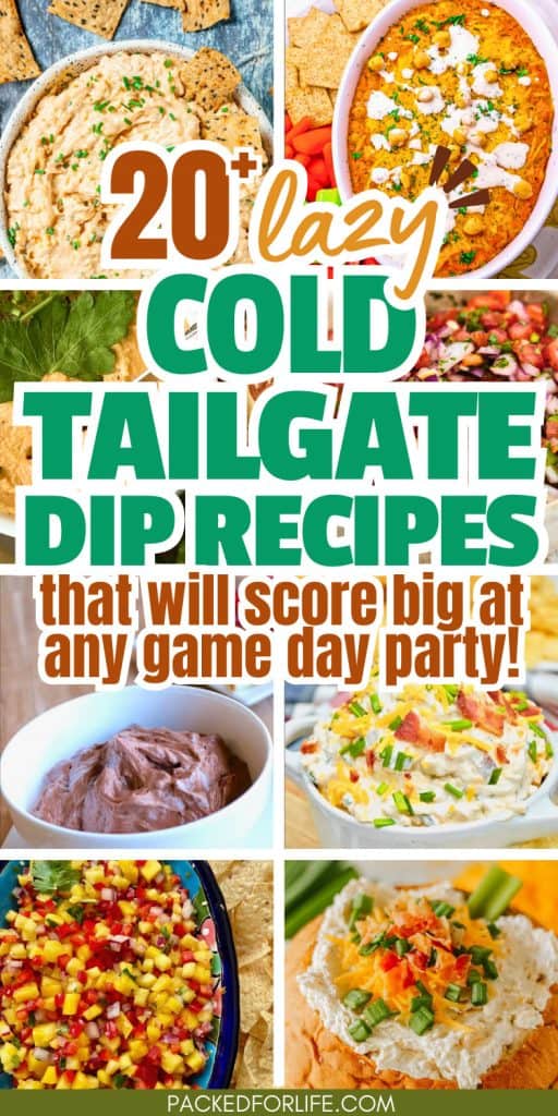 A colorful collage of cold football party dips in bowls surrounded by chips, veggies, and garnishes, ideal for game day snacks and tailgate spreads.