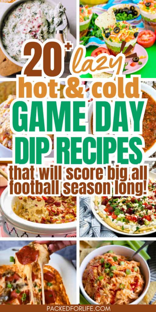 An overhead collage of football snacks appetizers including cheesy hot dips, creamy cold dips, and layered party favorites arranged for game day.