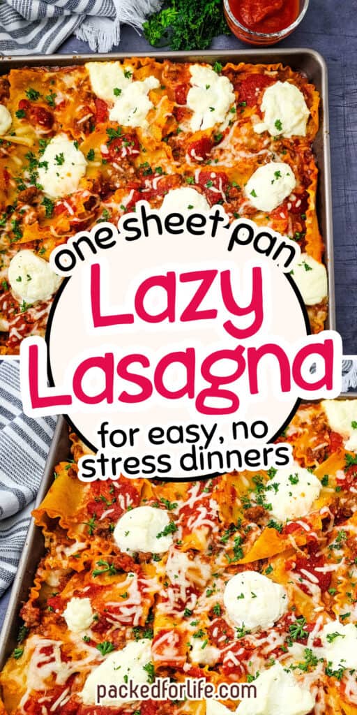 A large pan of baked lasagna with ruffled noodles, hearty meat and tomato sauce, melted cheese, creamy ricotta dollops, and fresh parsley offers a simple take on lazy lasagna recipes for an easy sheet pan dinner.