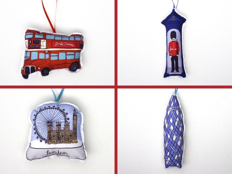 Four fabric handmade & printed Christmas ornaments of famous London attractions. Big Ben, London Guard, Double Decker Bus, Gherkin building