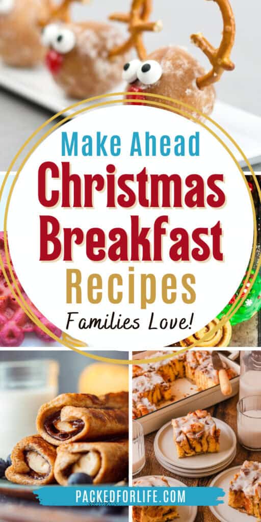 Collage of cute make ahead Christmas Breakfast recipes; reindeer donut holes, cinnamon roll tree, beet waffles, and breakfast casseroles.