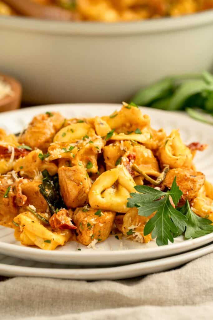 Marry Me Chicken Tortellini with cheese filled tortellini and tender chicken pieces tossed in a creamy sun dried tomato sauce. The pasta is garnished with parmesan and fresh parsley and served on a white plate with the skillet in the background.