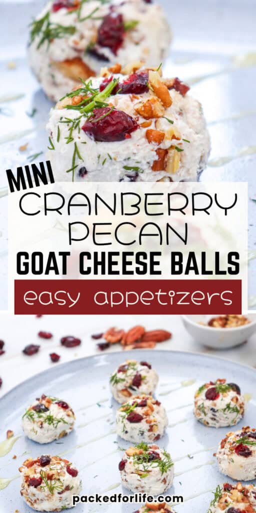 Close-up and overhead views of cranberry pecan goat cheese balls topped with dried cranberries, chopped pecans, and fresh dill, arranged on a serving platter with a light drizzle of honey.