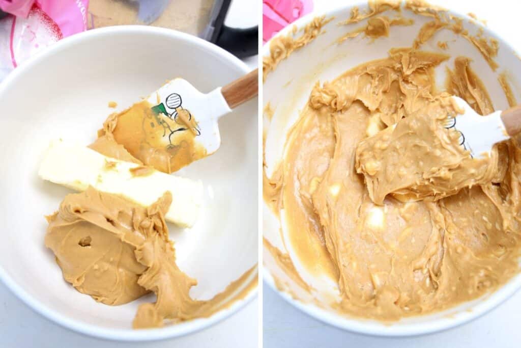 Mixing peanut butter and butter in a bowl. 