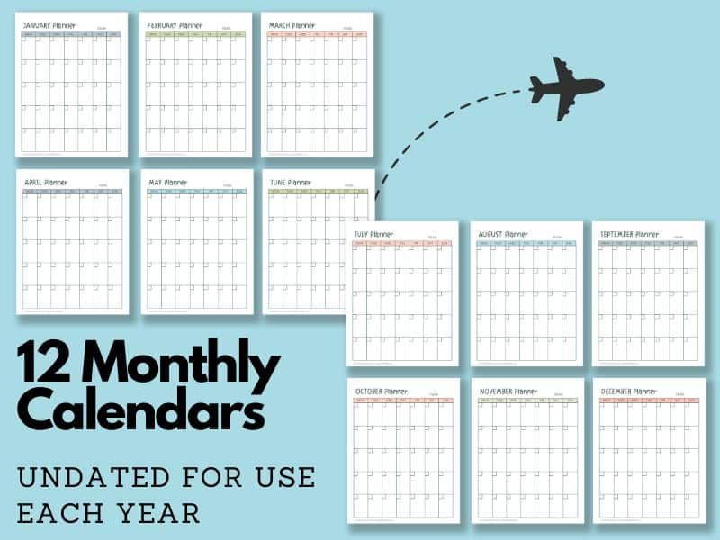 Twelve monthly undated calendars for travel planning, lined up in rows.