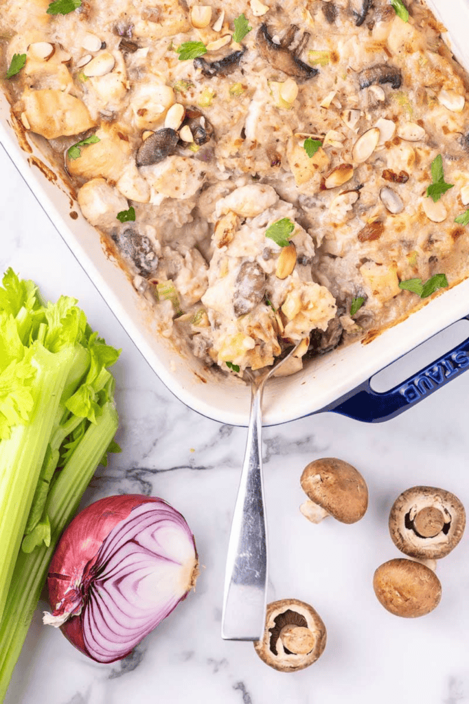 Mushroom Gruyere Chicken and Rice Casserole in a casserole dish.