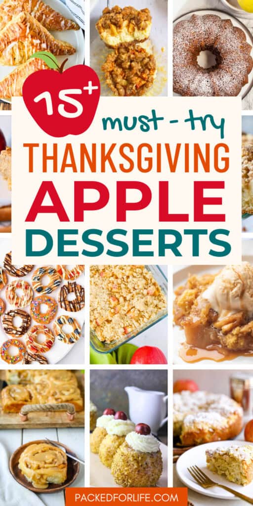 A collage of yummy apple desserts including apple crumble, apple bundt cake, flaky apple turnovers, apple caramel cinnamon rolls, and baked apple treats served as cozy fall and Thanksgiving sweets.