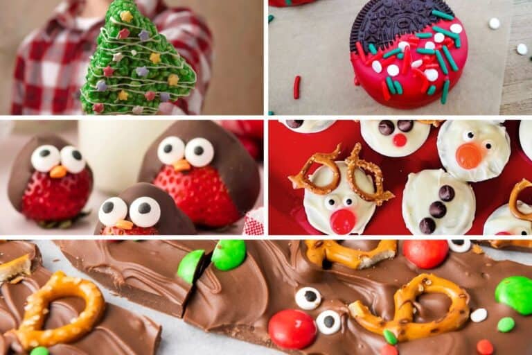 A variety of cute holiday themed no bake Christmas treats for kids.