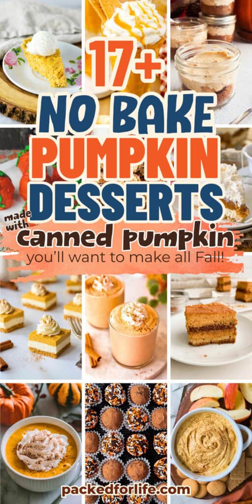 A collage of canned pumpkin desserts including creamy pumpkin pie, layered individual mini pumpkin cheescake dessert cups, cheesecake bars, pumpkin mousse, chocolate pumpkin truffles with sprinkles, and a bowl of spiced pumpkin dip with apples and cookies beside it.