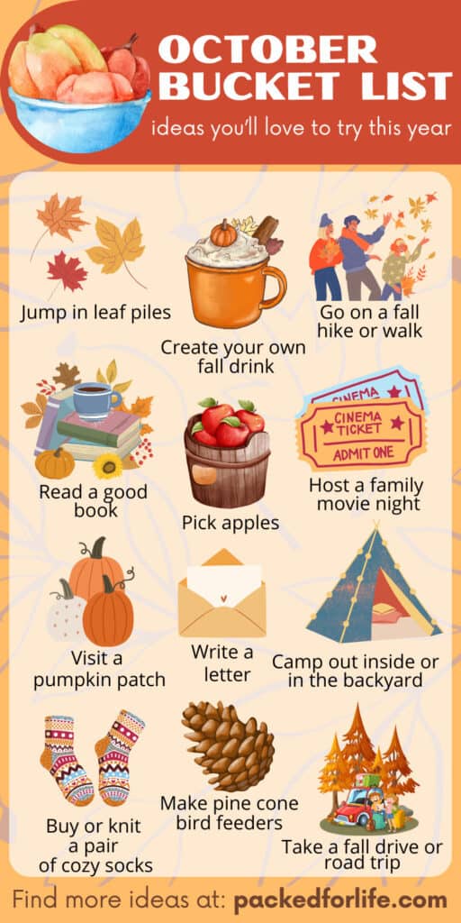 October Bucket List PIN with 12 fall activity graphics from visiting a pumpkin patch, to backyard campout, and taking a fall drive.