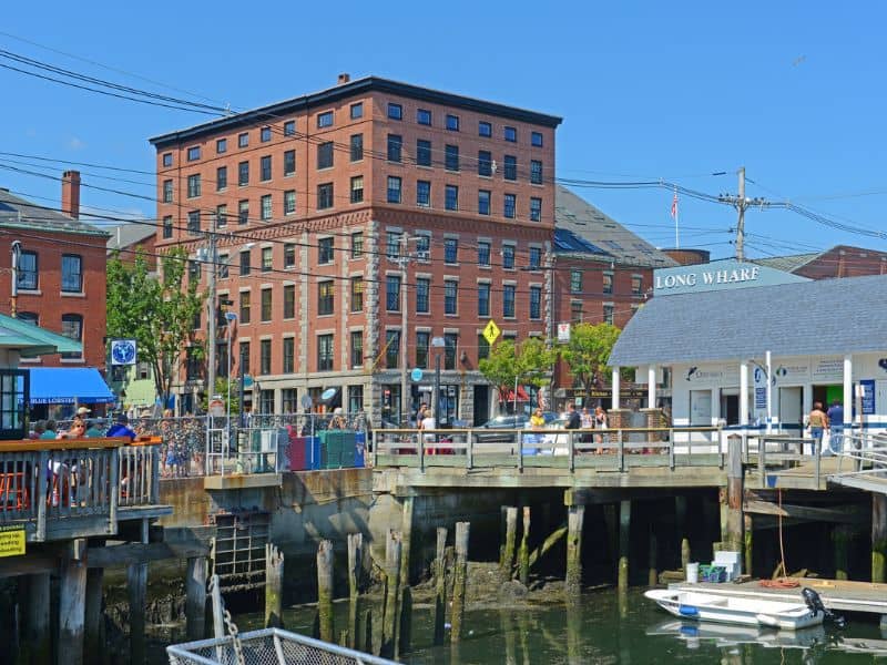 Brick buildings and pier along Portland Maine Old Port.