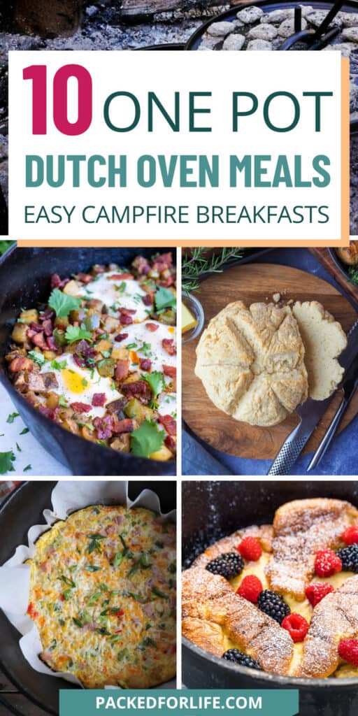 A collage graphic promoting one pot campfire breakfasts with bold text reading 10 one pot Dutch oven meals and easy campfire breakfasts. Images show Dutch oven eggs with potatoes and bacon, a round loaf of bread, a baked breakfast casserole, and a sweet berry-filled breakfast bake cooked over a campfire.