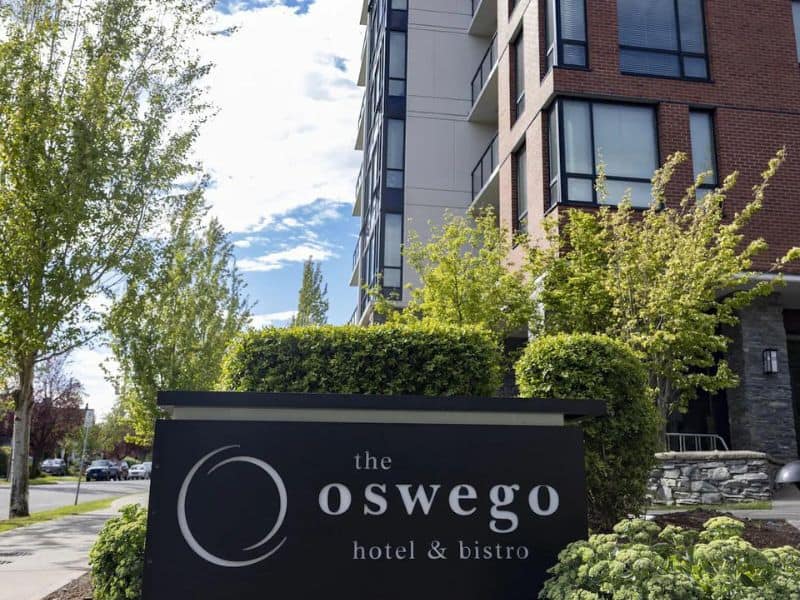 Oswego Hotel sign and buidling in Victoria BC Canada on a sunny day. 