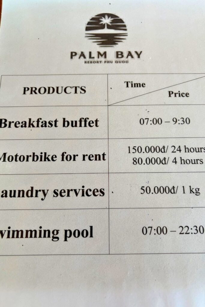 Amenity list of Palm Bay resort with hours of breakfast, and pool, and cost for laundry and motorbike rental.