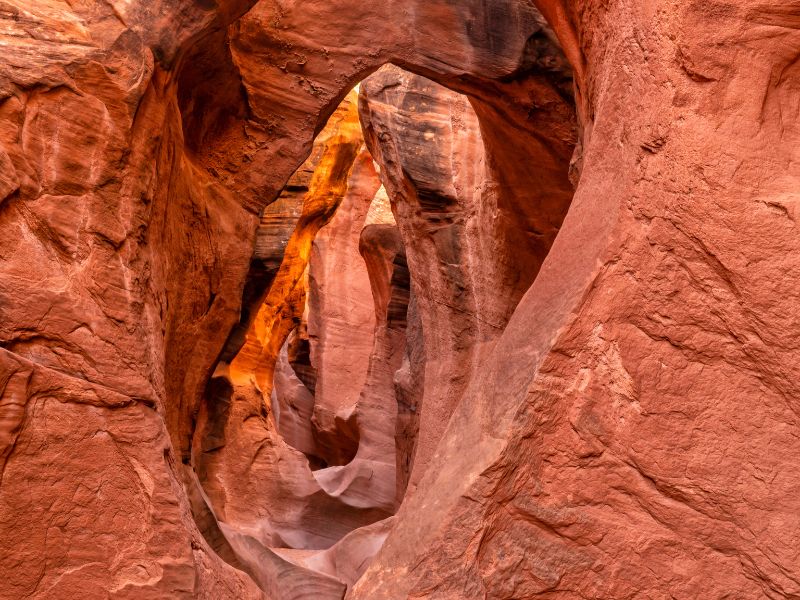 Red slot canyon walls forming a tunnel at Peekaboo Canyon, on a Zion UTV Tour.