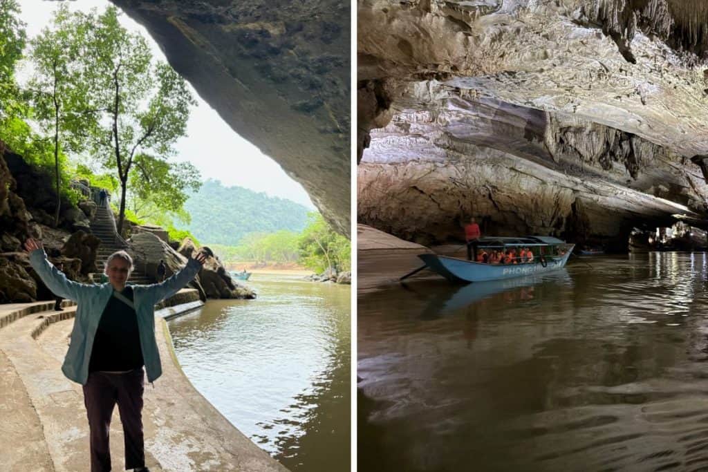 Two scenes from Phong Nha Cave in Vietnam. On the left, a person poses with raised arms at the cave entrance beside a calm river, with stone steps and green trees in the background. On the right, a blue boat carrying tourists glides through the illuminated cave interior, surrounded by dramatic rock formations and stalactites.