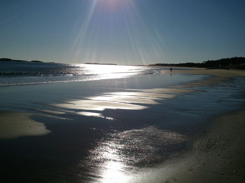 Sandy beach with person walking in the distance.