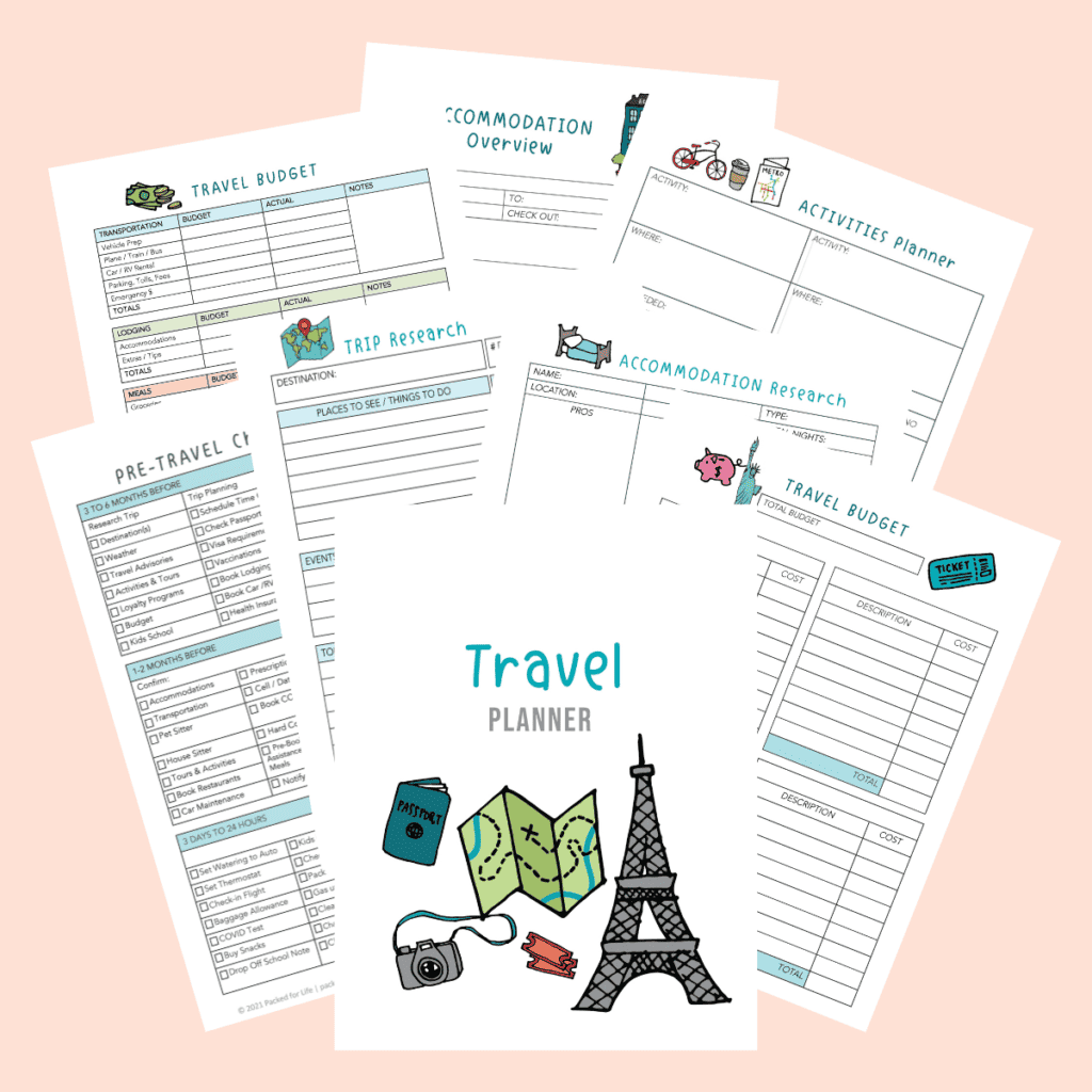 Eight printable planner pages fanned out. 