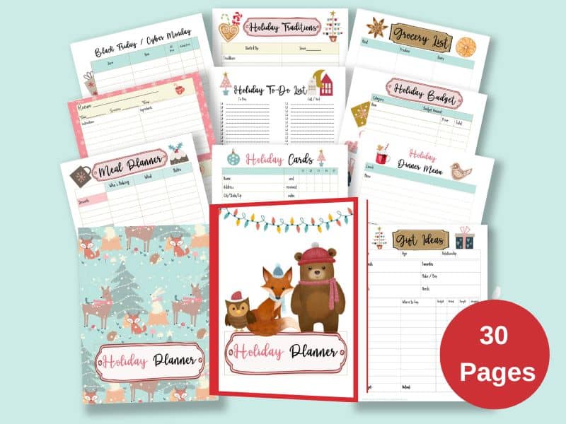 Twelve holiday planner pages fanned out on 4 row of three. Holiday meal planners, Holiday cards, gift ideas, to do lists, grocery lists, budget and recipe printables.