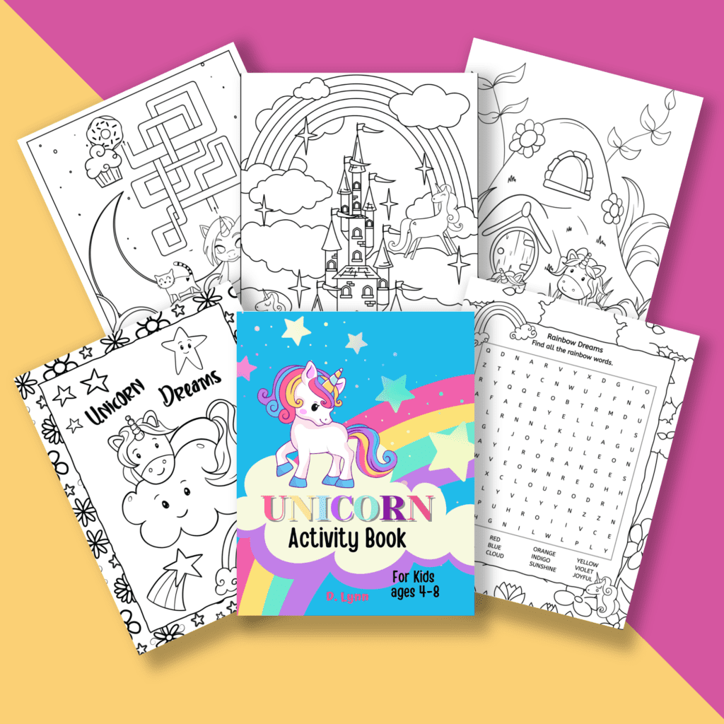 Six pages of Kids Unicorn Activity pages fanned out. Mazes, coloring pages, word search.