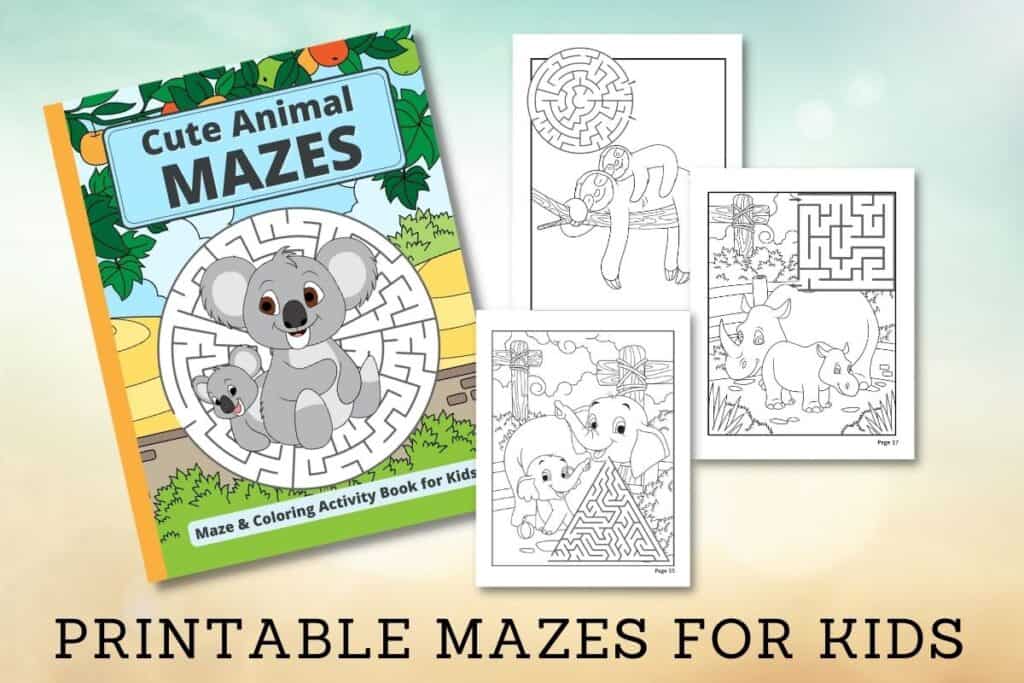 Four Printable Cute animal coloring pages with mazes fanned out.