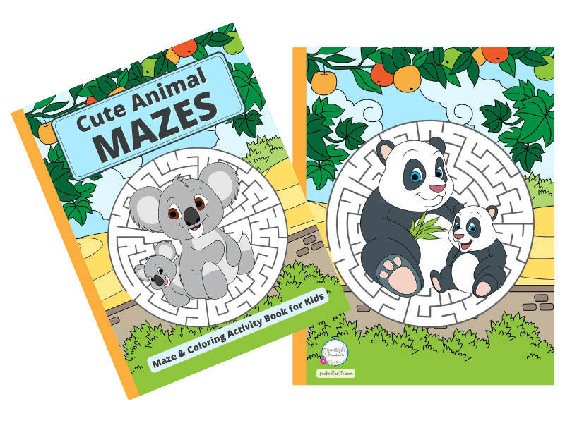 Cute Animal Maze & Coloring Activity Book for kids covers. With Mom and baby Koala Bears and Pandas in front of circular mazes.
