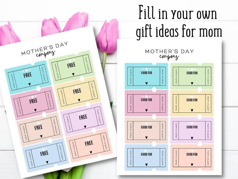 Two sheets of pastel multi-colored printable Mother's Day Coupons. Free and Good for designs to fill in own ideas. Against a background of tulip bunch and wood.