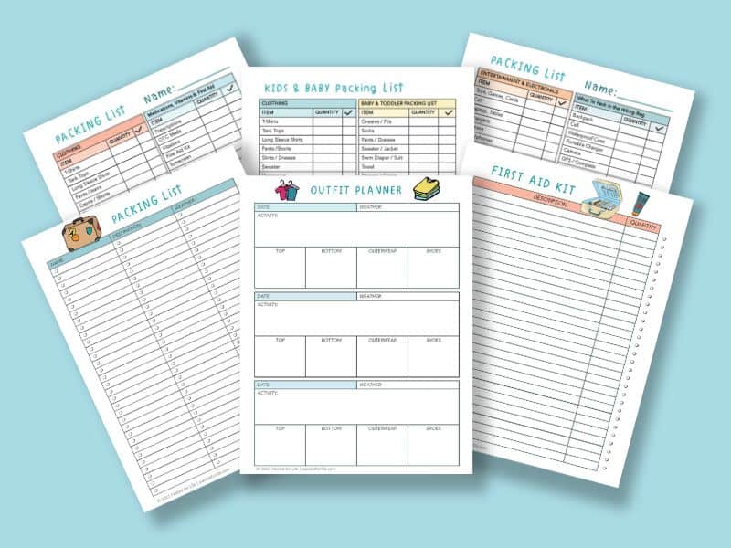 6 Packing Checklists fanned out. Printable packing lists prefillled and blank for kids, adults & activities. Outfit Planner  and first aid kit printable worksheets. 