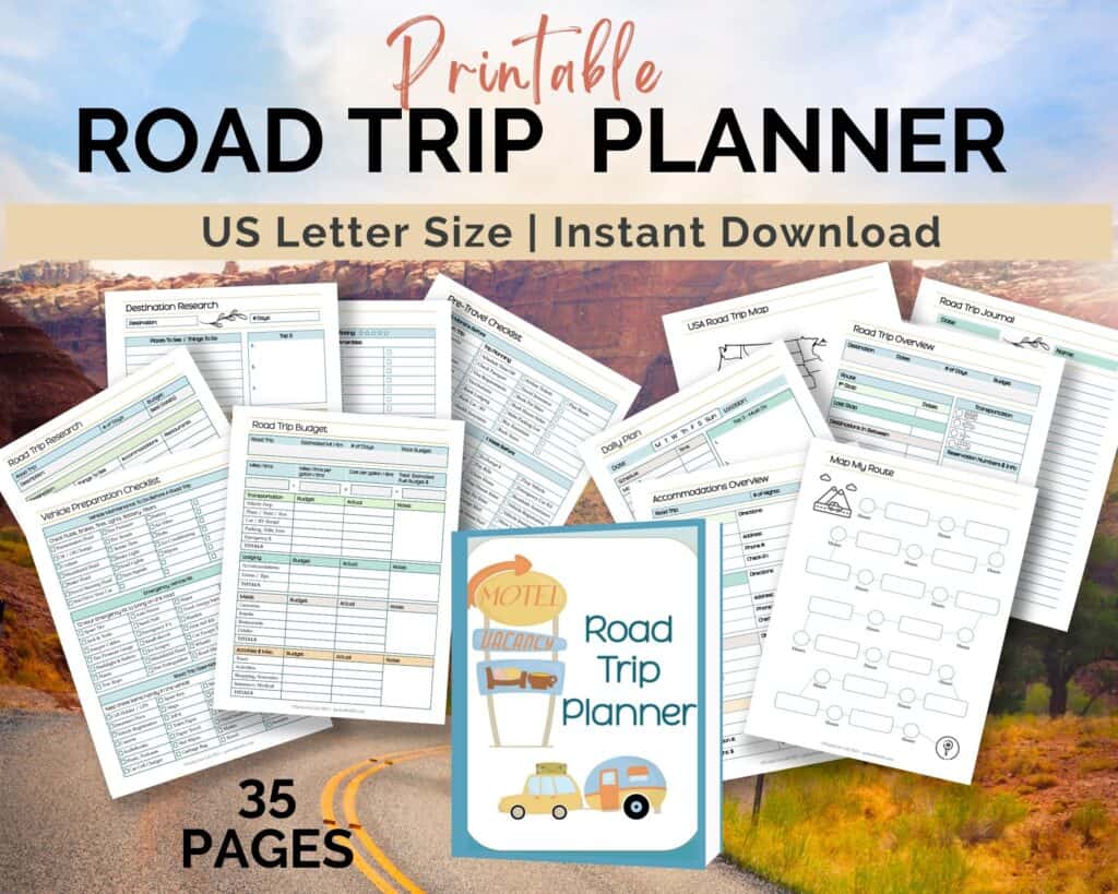 Twleve printable road trip planner pages fanned out. 
