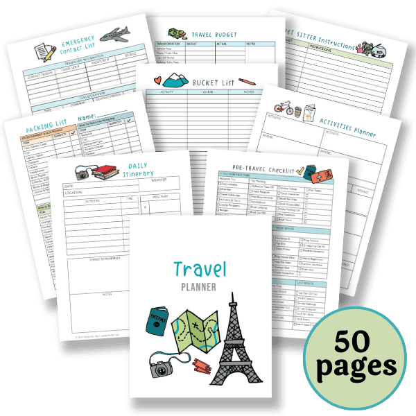 Printable worksheets including itinerary pages, packing lists, travel budget tracker, activity planner, bucket list pages, and pre-trip checklist designed as a full 50 page road trip planner printable for organizing family travel.