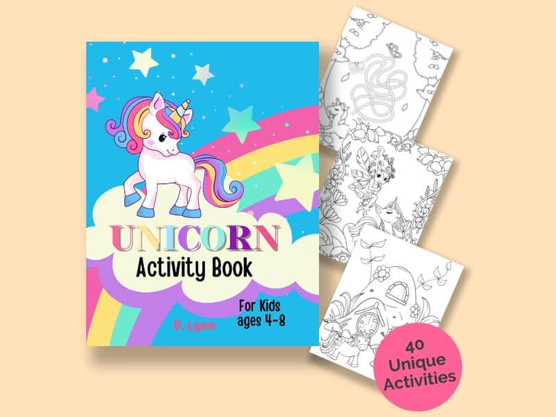 Cover page to the Unicorn cover page and 3 activity pages for kids. 