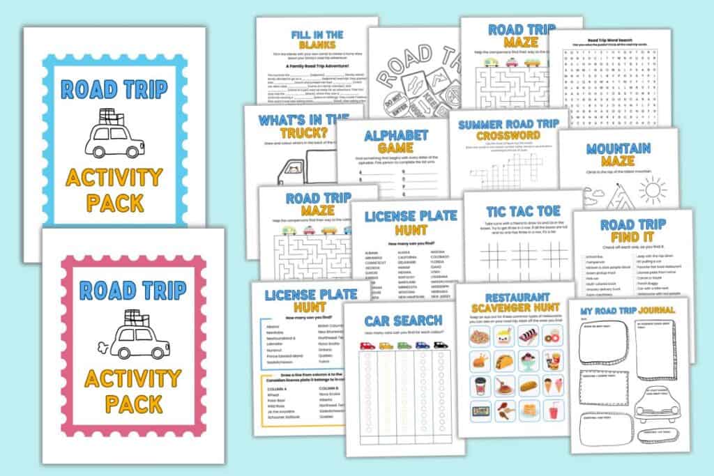 18 printable road trip activities fanned out; bingo , puzzles, coloring pages, scavenger hunts