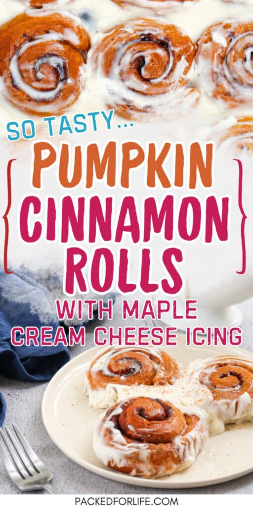 Pinterest PIN with three pumpkin cinnamon rolls with cream cheese icing on a plate.