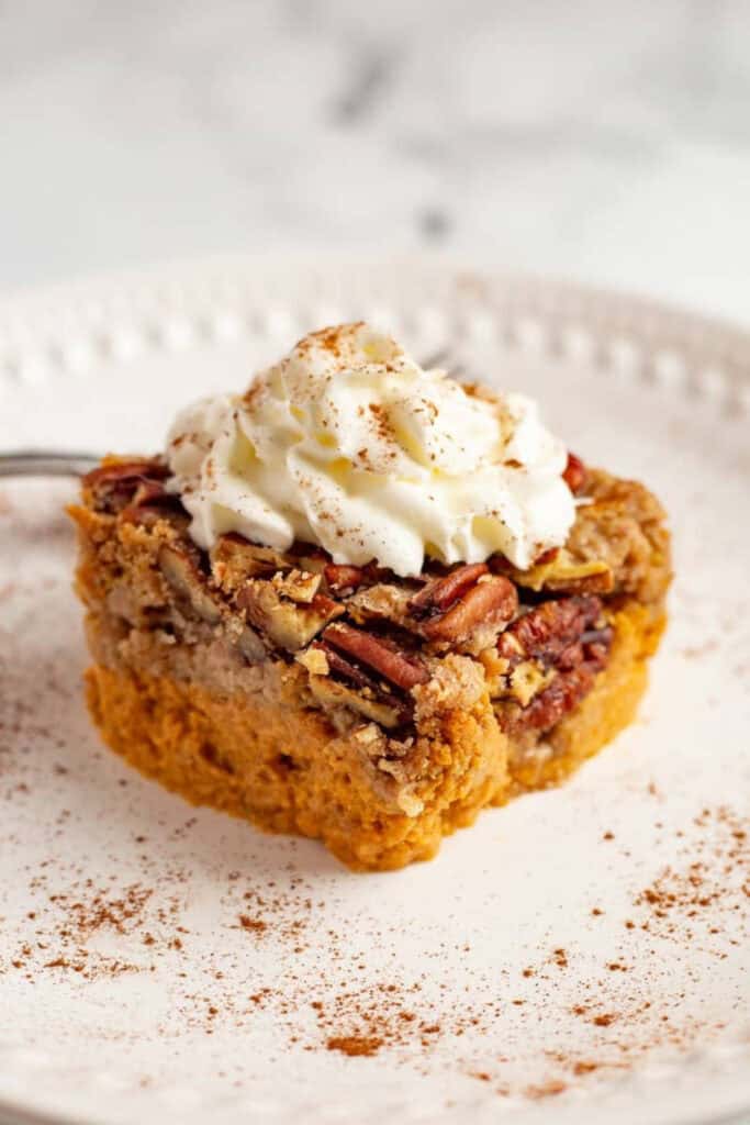 Square of pumpkin pecan dumpk cake topped wth whipped cream on a plate.  