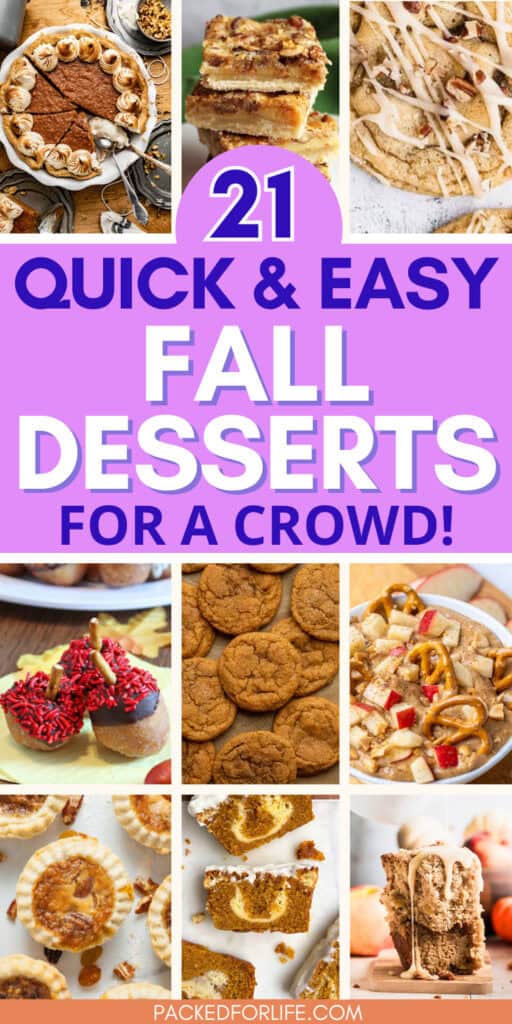 Pinterest Pin with nine quick & easy fall desserts including pumpkin snickerdoodles, acorn donut holes, caramel apple dip, butter tarts, pumpkin cream cheese bread, apple cake, sweet potato pie, pecan pie bars. 