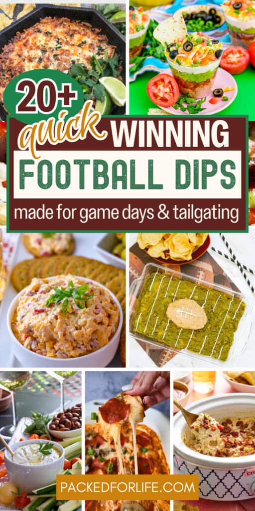 A colorful collage of football game dips, including hot cheesy skillet dip, layered taco dip cups with guacamole and olives, Southern Pimento Cheese Dip, creamy Goat Cheese Dip, football shaped guacamole, gooey pepperoni pizza dip, and a warm Crock Pot Jalape&ntilde;o Popper Dip topped with Bacon.