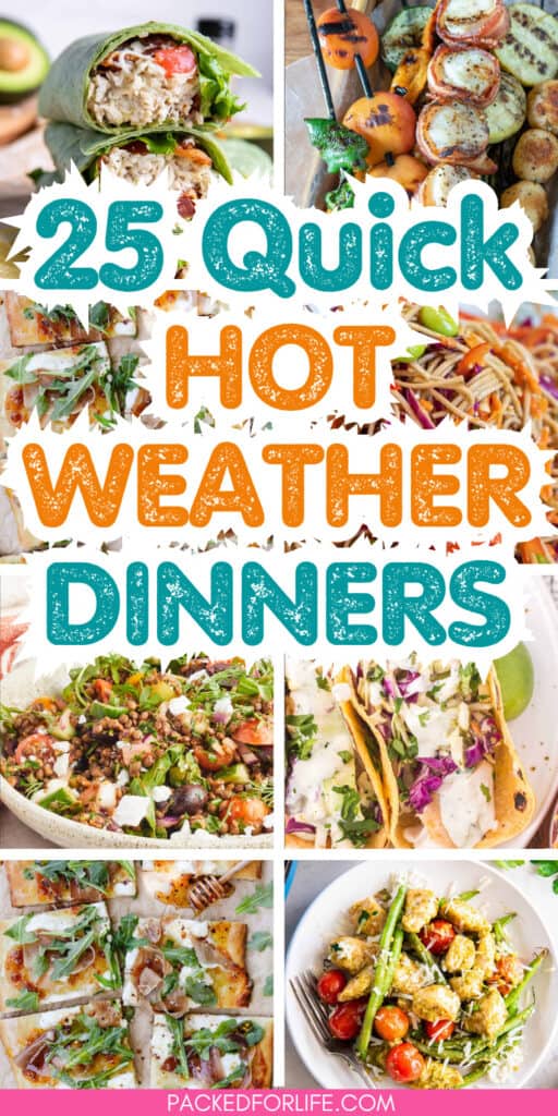 A collage of simple hot weather meals from salads and flatbread pizzas, to chicken wraps, BBQ skewers and cold soba salad.