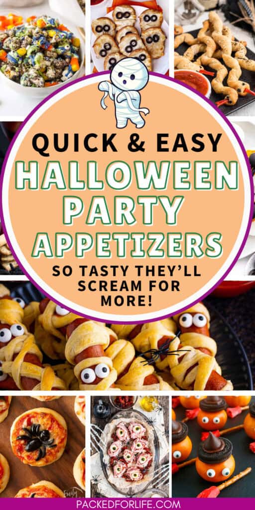 Seven quick and easy Halloween Party appetizer photos; mummy dogs, mini spider pizzas, witch clementines. eyeball charcuterie, mummy pizza dippers, breadstick snakes.