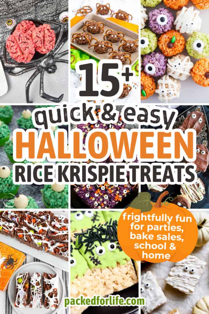 A collage of no bake Halloween desserts made with Rice Krispie treats. The treats are decorated as colorful monsters, mummies, spiders, eyeballs, and brains using chocolate, icing, candy eyes, sprinkles, and pretzels.