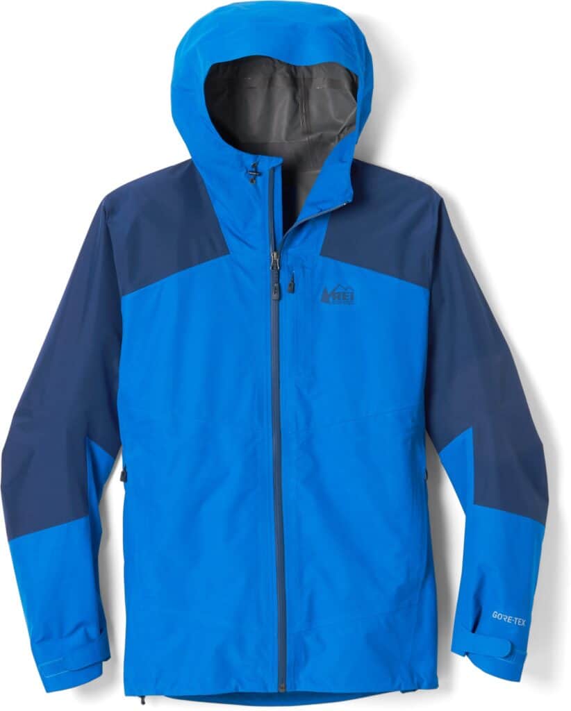 Blue and Black Men's REI rainjacket with hood.
