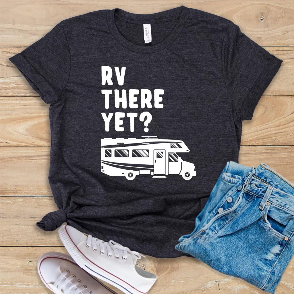 Black t-shirt with white logo RV There Yet? with camper van design.