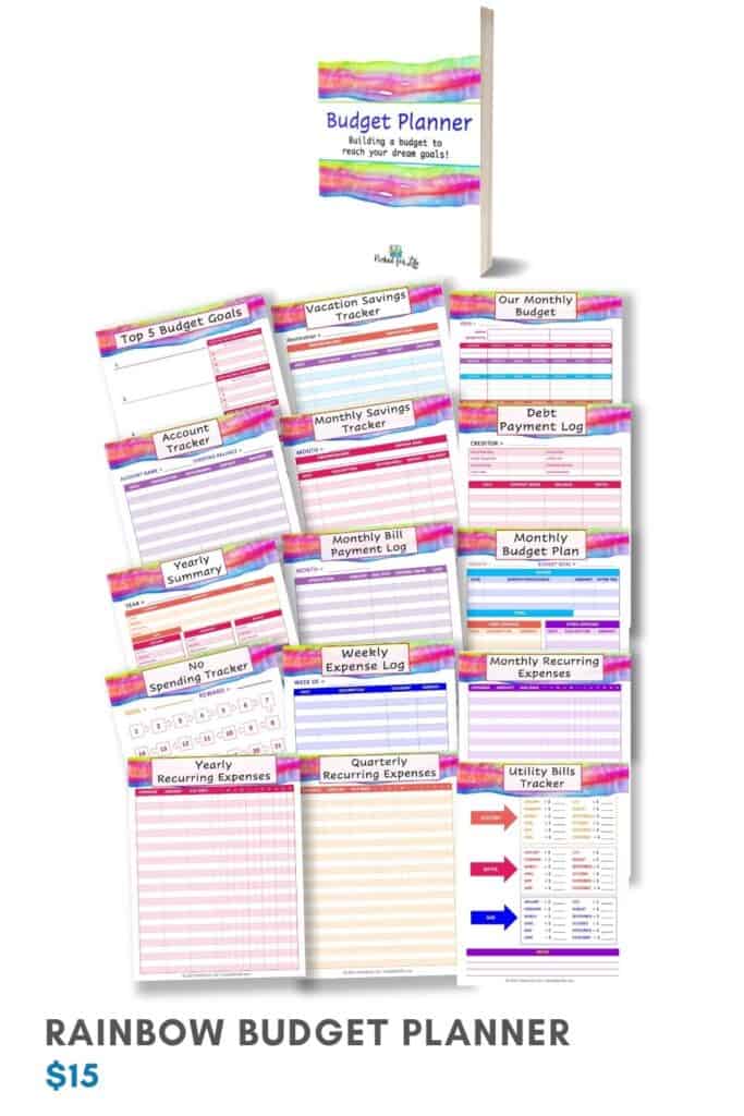 Sixteen pages of the rainbow budget planner printable fanned out. 