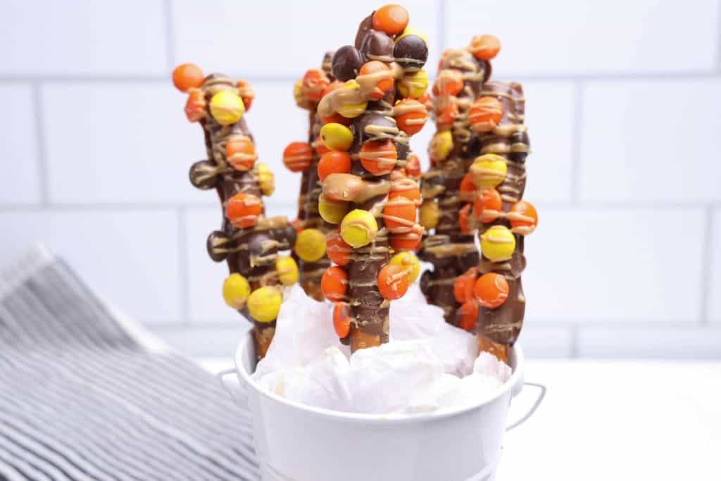 White pail filled with an easy fall snack of chocolate-dipped pretzel rods coated in orange, yellow, and brown Reese’s Pieces and drizzled with peanut butter. The vibrant colors and sweet-and-salty combo make it a festive autumn treat.