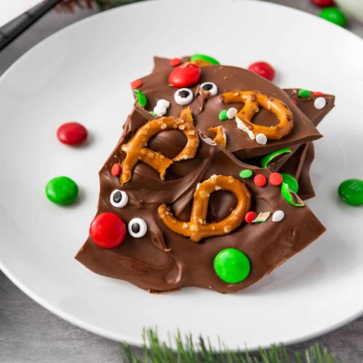 Close up of Reindeer Christmas bark made of chocolate on a plate.