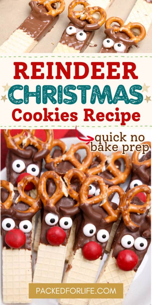 Adorable no bake wafer cookies decorated with pretzel antlers, candy eyes, and red noses to resemble reindeers.
