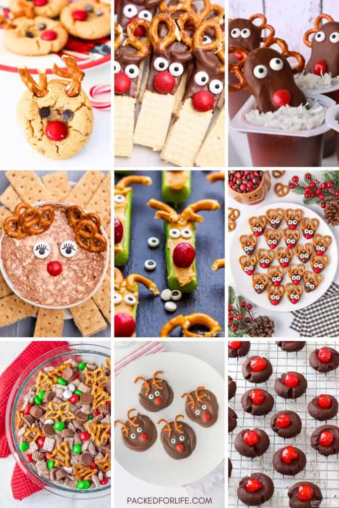A festive collage features a variety of reindeer themed snacks for kids, including cookies, wafer snacks, pudding cups, dip, celery sticks with peanut butter, chocolate bark, and more. Each item is decorated with candy eyes, red noses, and pretzel antlers, showing creative and kid-friendly Christmas treat ideas.