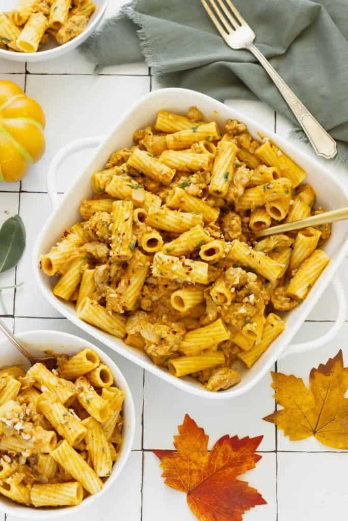 Two bowls of fall rigatoni with Creamy Pumpkin Pasta Sauce