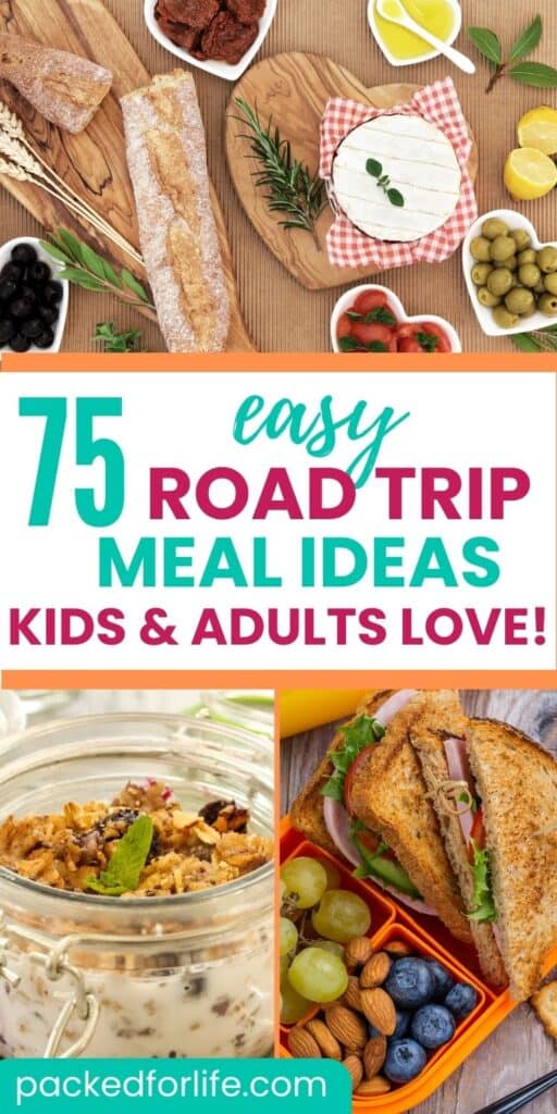 3 road trip meals ideas; charcuterie plate, granola with yogurt and sandwich with fruit