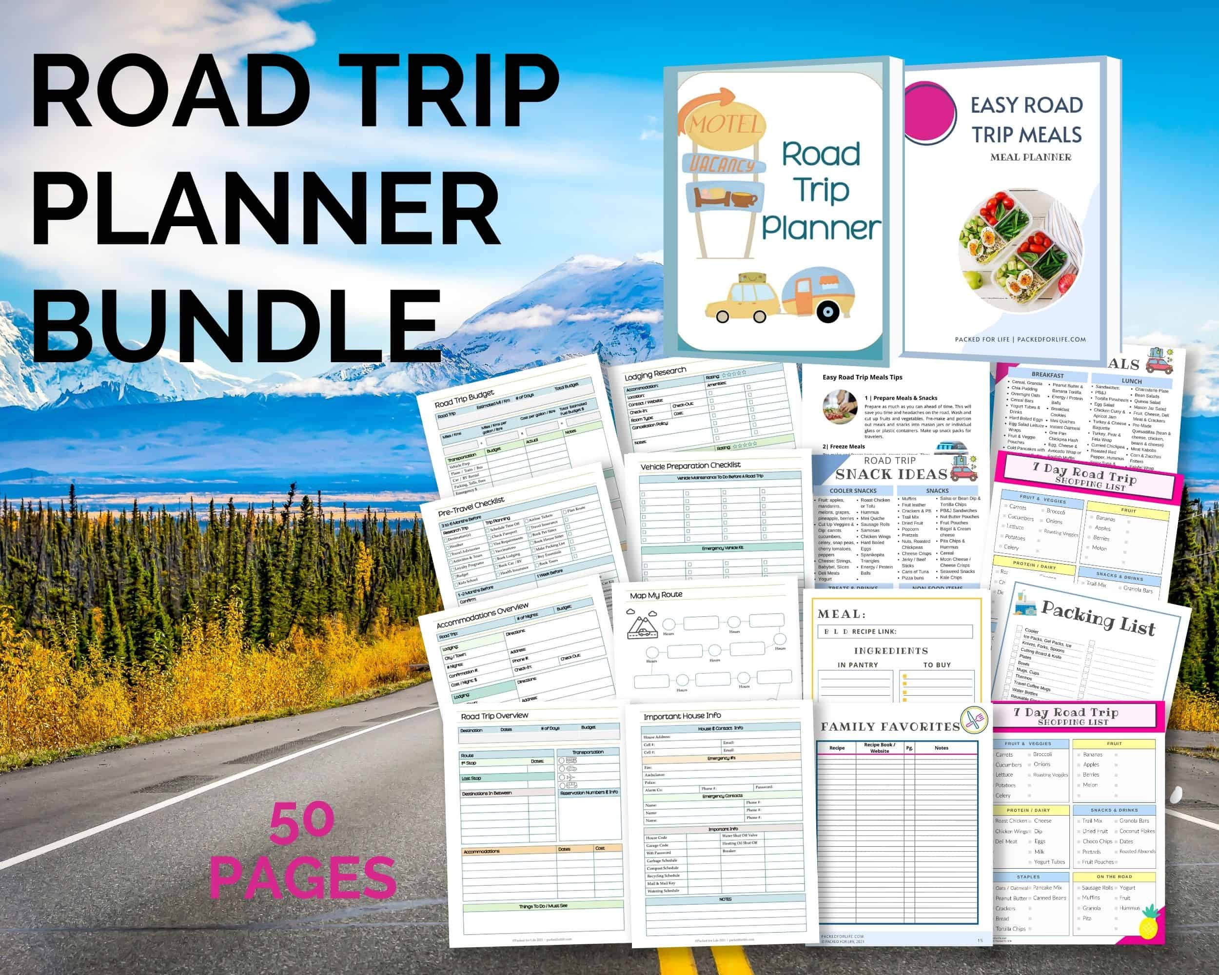 Road trip planner & Easy Road Trip Meals printable pages fanned out over a road leading to snowcapped mountain.